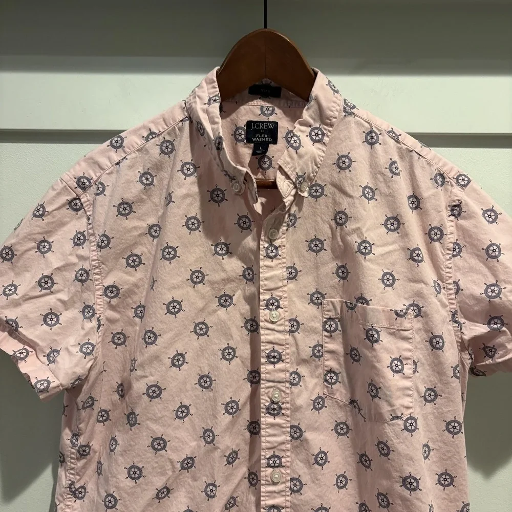 J.Crew Flex Washed Shirt‎ Mens L Pink Ship Wheel Nautical Button Up Slim Cotton
